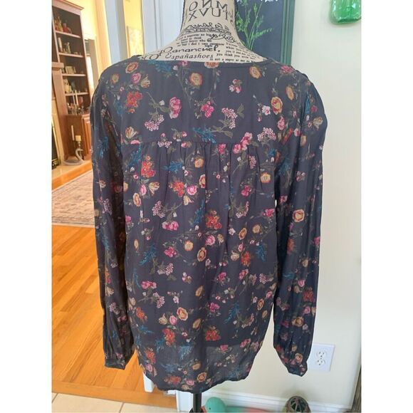 Lucky Brand Womens  Long Sleeve Button-Front Floral Boho Peasant Gray Top - Picture 2 of 9